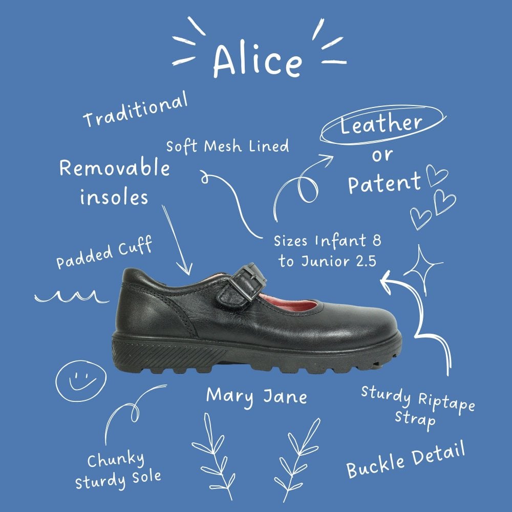 Ricosta Alice | Black Leather | Medium Fit | Girls Riptape Mary Jane School Shoes