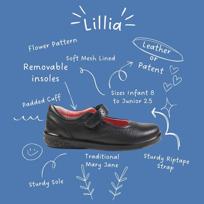 Ricosta Lillia | Black Leather | Middle Width | Girls Plain Mary Jane School Shoes